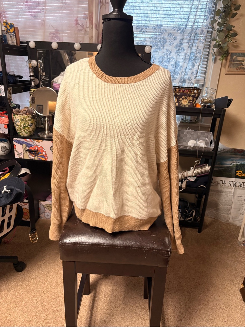 Express Two-Tone Crewneck Sweater in Cream and Tan